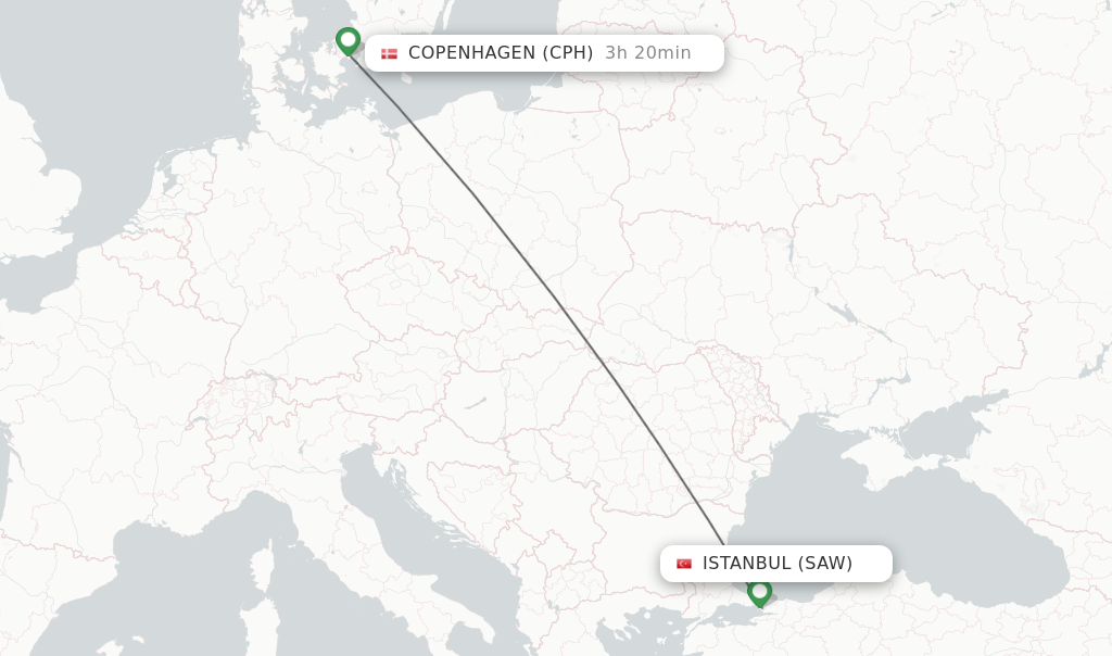 Flights from Istanbul to Copenhagen route map