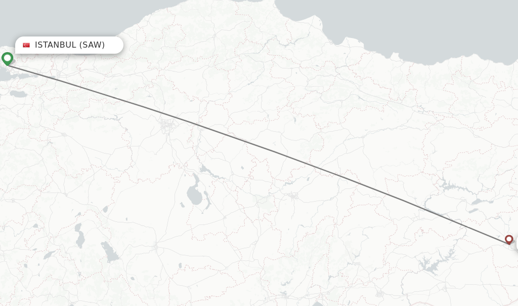 Flights from Istanbul to Diyarbakir route map