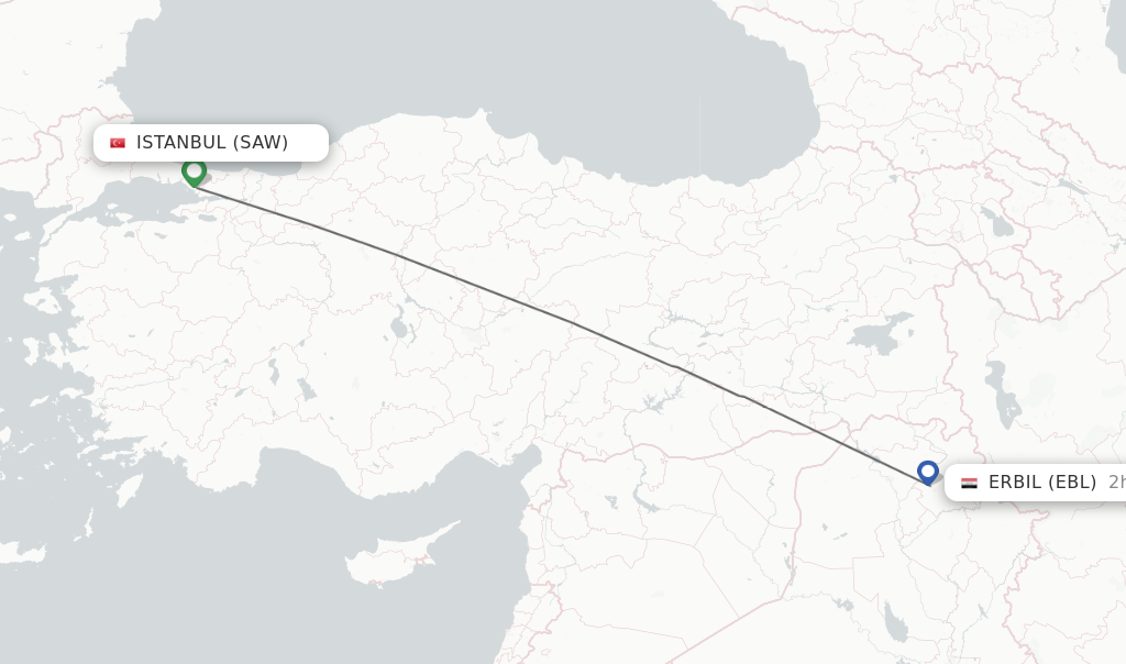 Flights from Istanbul to Erbil route map