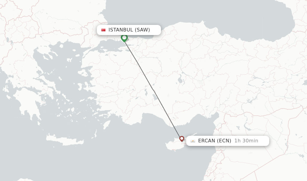 Flights from Istanbul to Ercan route map
