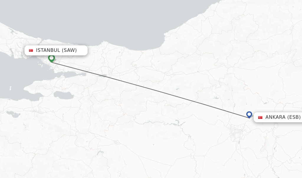 Flights from Istanbul to Ankara route map