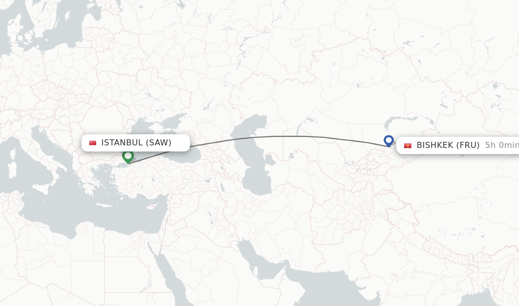 Flights from Istanbul to Bishkek route map