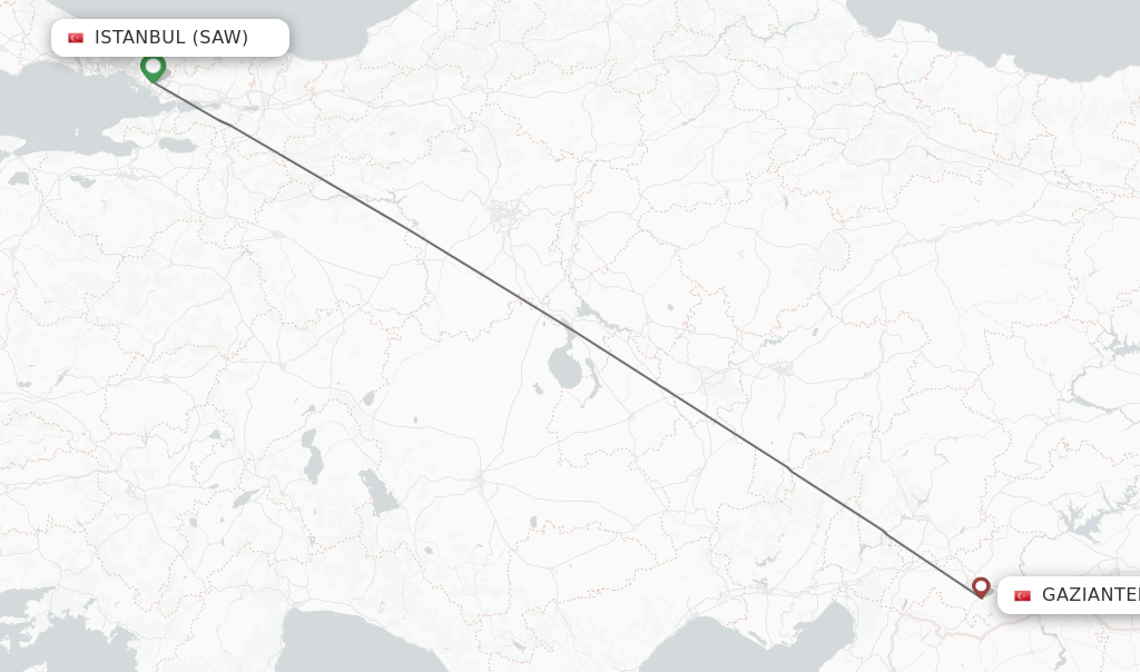 Flights from Istanbul to Gaziantep route map