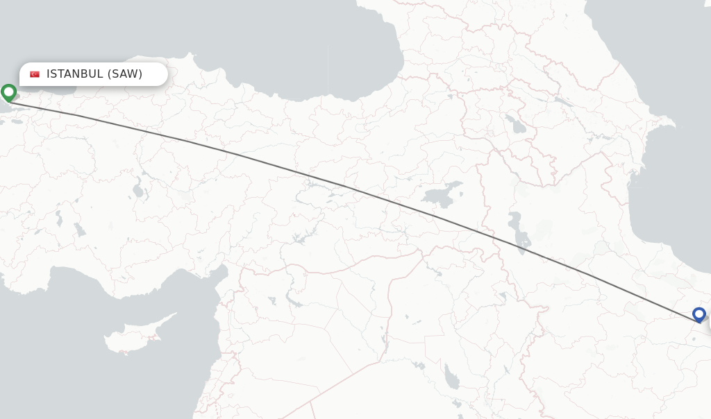 Flights from Istanbul to Tehran route map