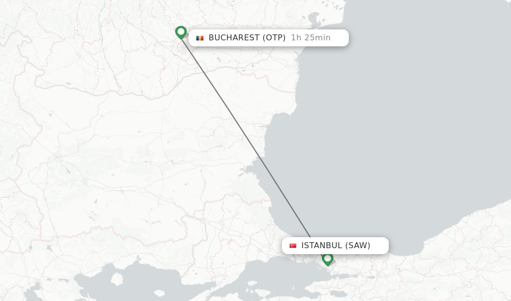 Flights from Istanbul to Bucharest route map