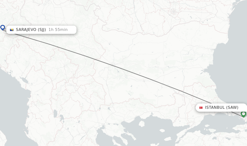 Flights from Istanbul to Sarajevo route map