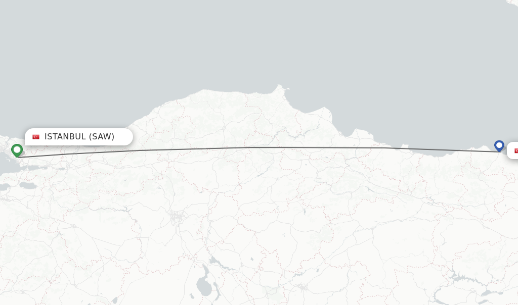 Flights from Istanbul to Trabzon route map