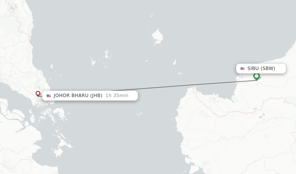 Flights from Sibu to Johor Bharu route map