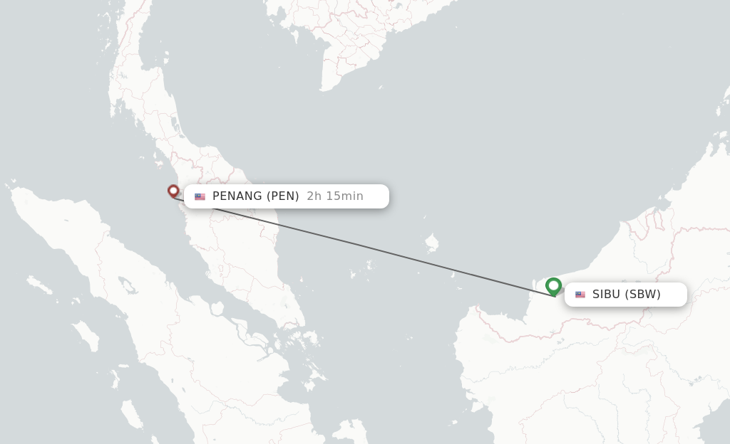 Flights from Sibu to Penang route map