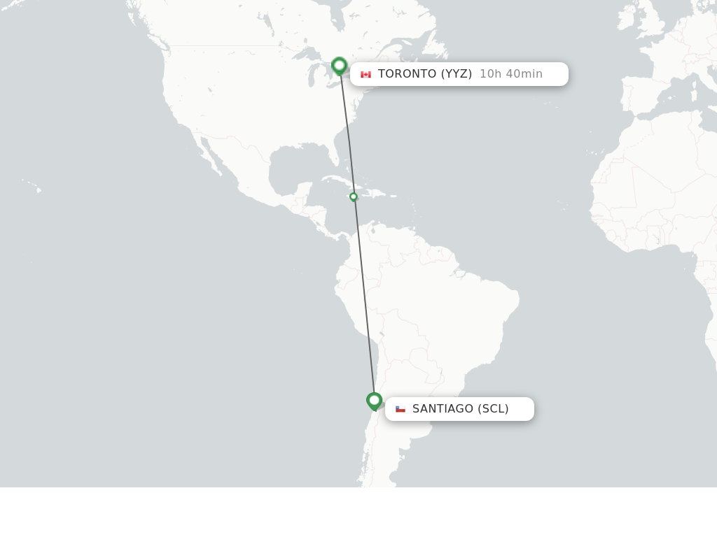 Flights from Santiago to Toronto route map