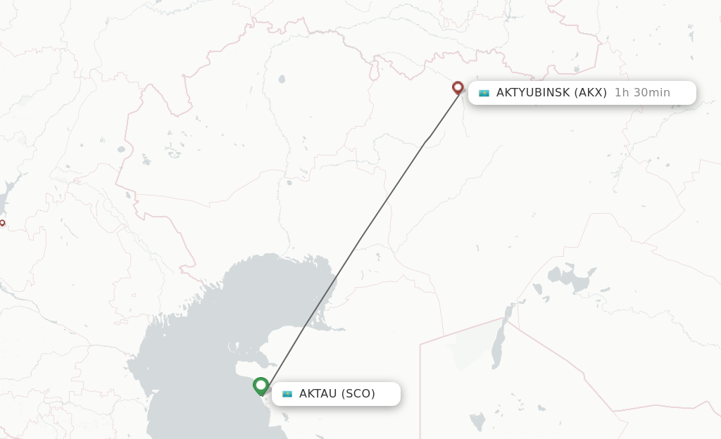 Flights from Aktau to Aktobe route map