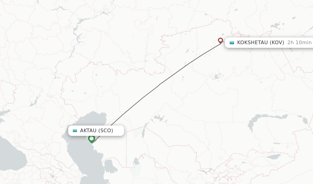 Flights from Aktau to Kokshetau route map