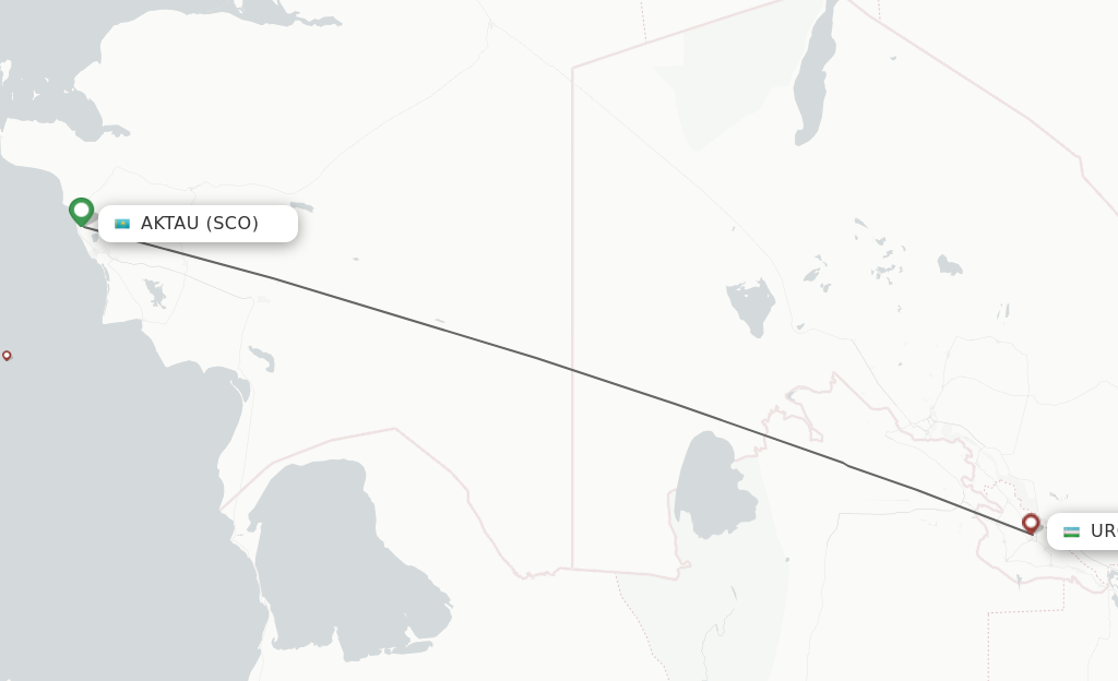 Flights from Aktau to Urgench route map