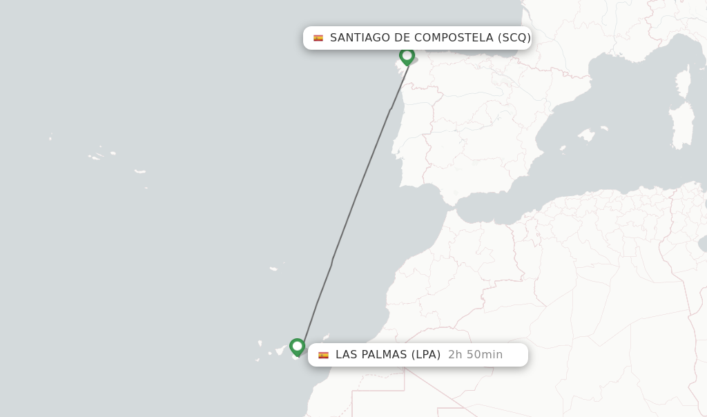 Flights from Santiago De Compostela to Las Palmas route map