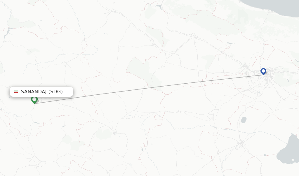 Route map with flights from Sanandaj with Qeshm Air