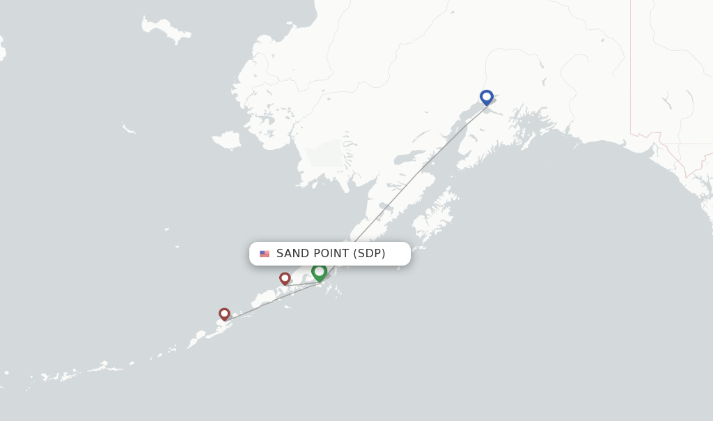 Route map with flights from Sand Point with Aleutian Airways