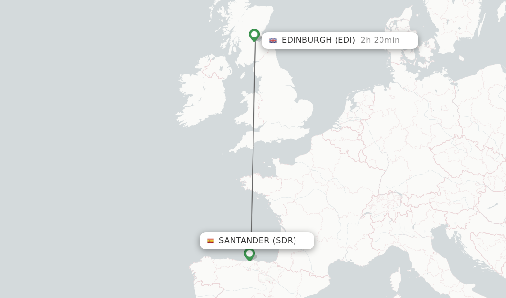 Flights from Santander to Edinburgh route map