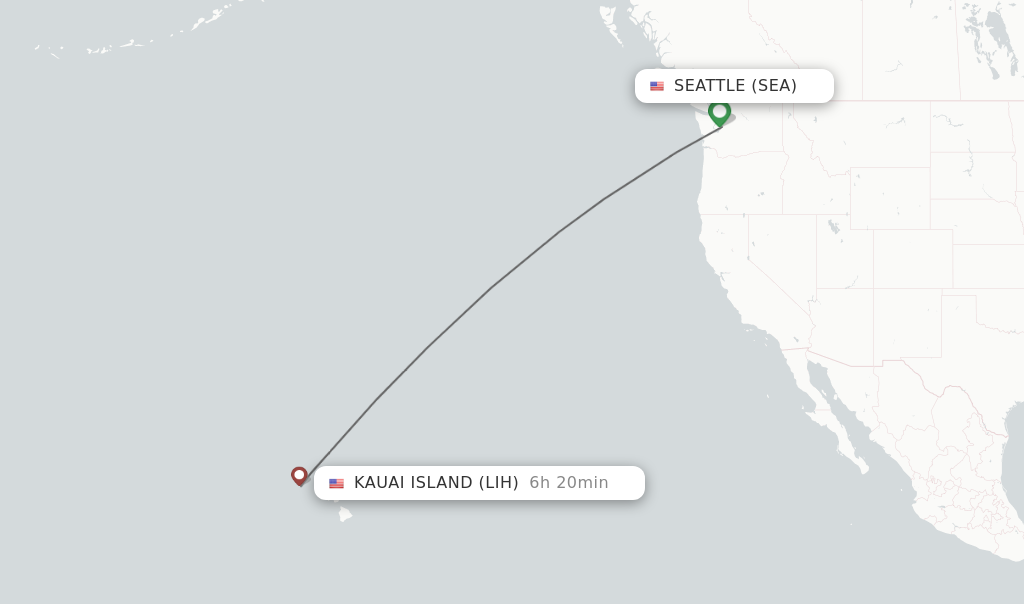 Flights from Seattle to Kauai Island route map