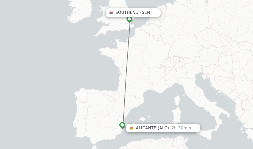 Flights from Southend to Alicante route map
