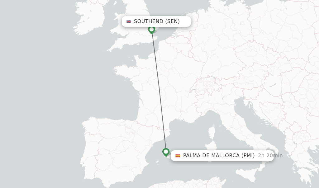 Flights from Southend to Palma de Mallorca route map