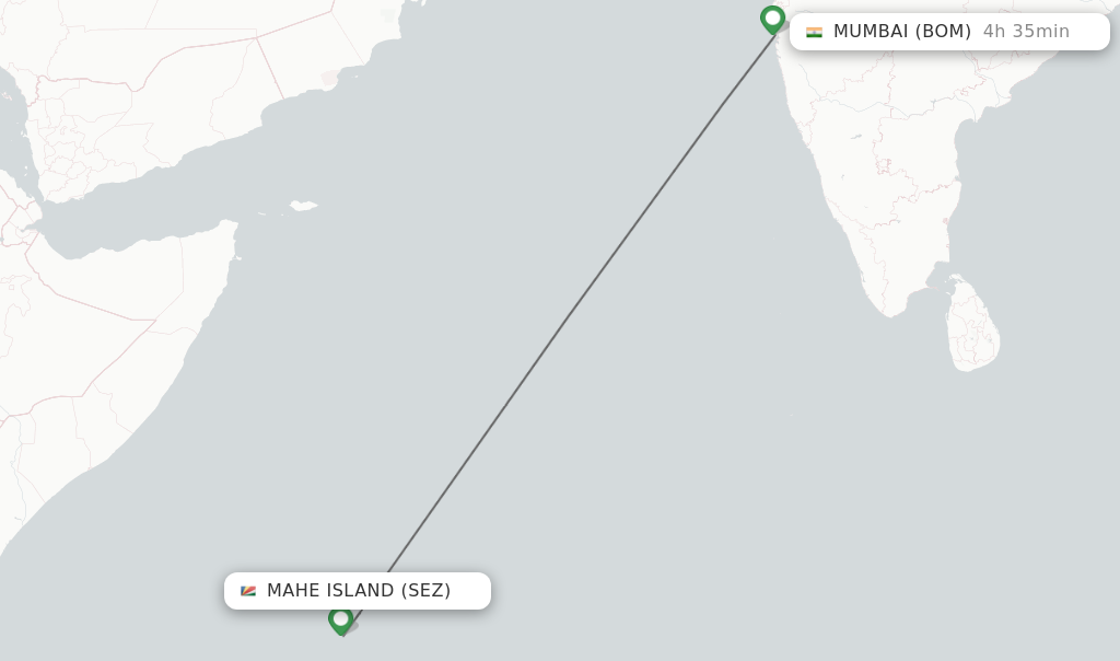 Flights from Mahe Island to Mumbai route map
