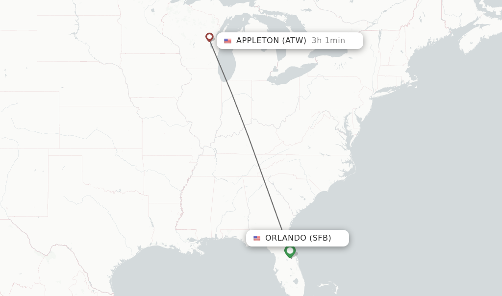 Flights from Orlando to Appleton route map