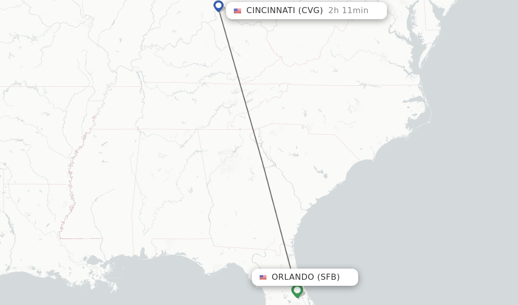 Flights from Orlando to Cincinnati route map