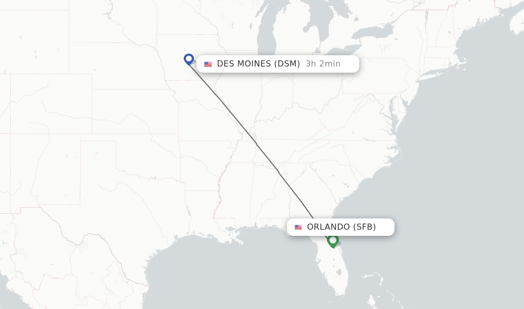 Flights from Orlando to Des Moines route map