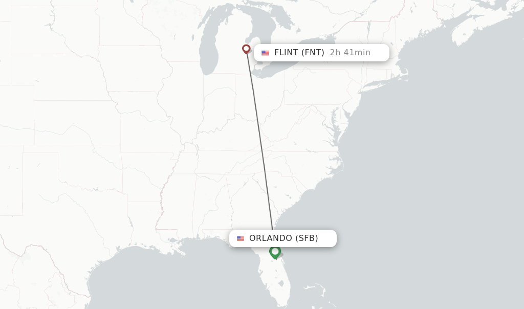 Flights from Orlando to Flint route map