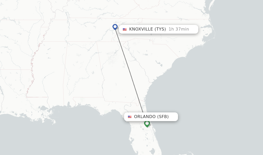 Flights from Orlando to Knoxville route map