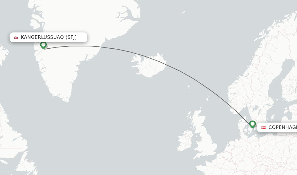 Flights from Kangerlussuaq to Copenhagen route map
