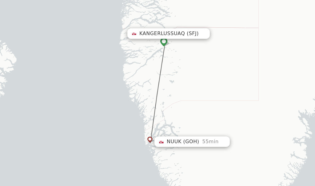 Flights from Kangerlussuaq to Nuuk route map