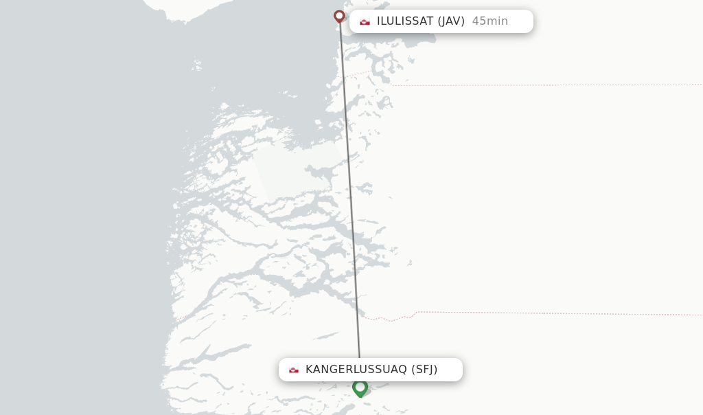 Flights from Kangerlussuaq to Ilulissat route map