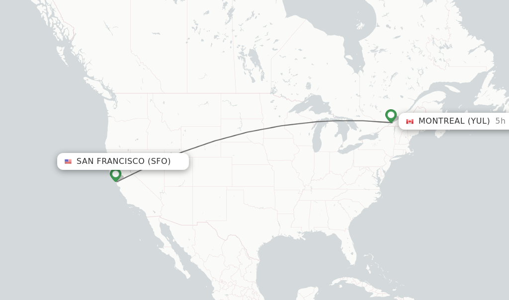 Flights from San Francisco to Montreal route map
