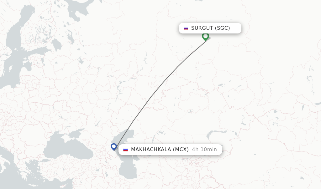 Flights from Surgut to Makhachkala route map