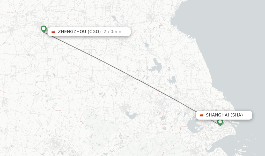 Flights from Shanghai to Zhengzhou route map