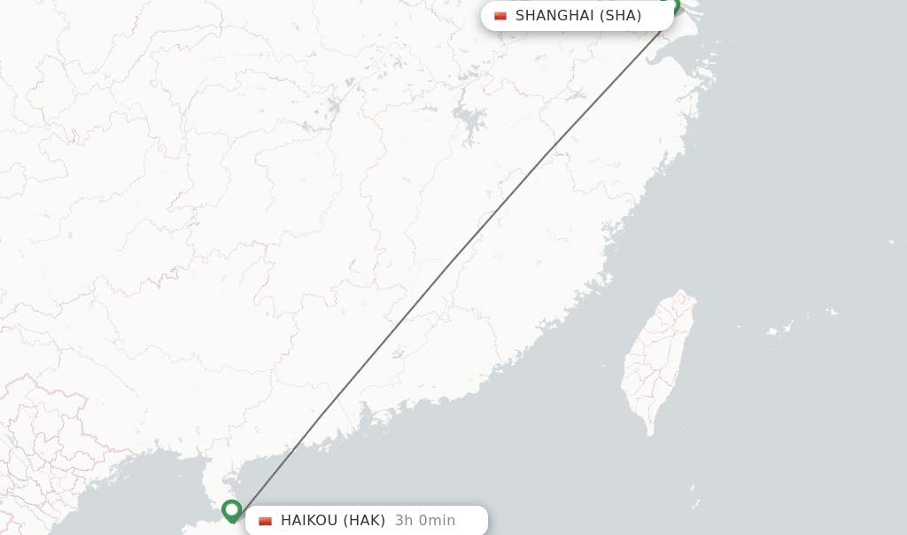 Flights from Shanghai to Haikou route map