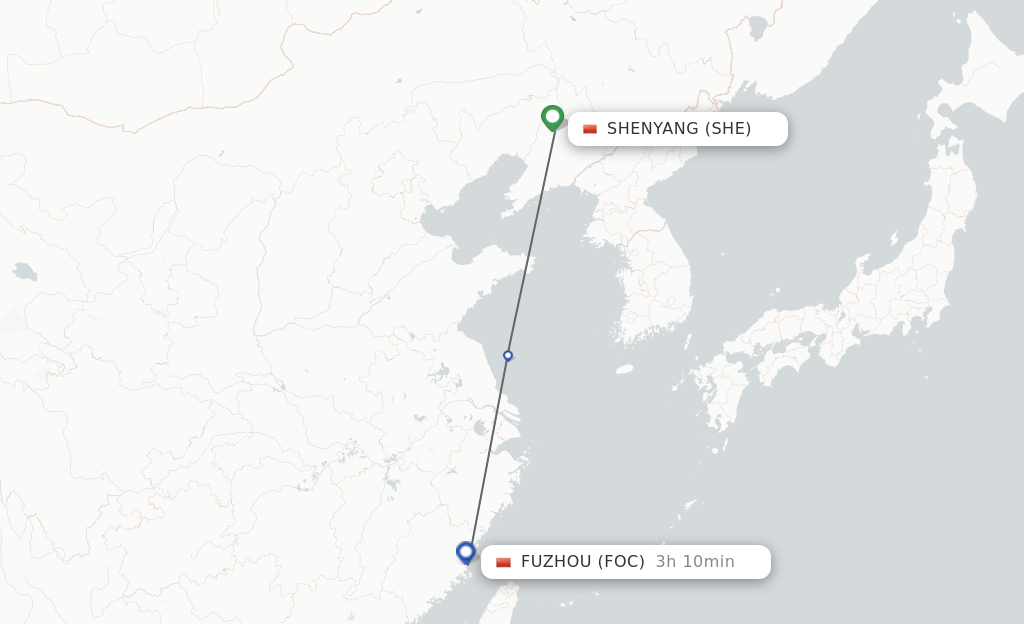 Flights from Shenyang to Fuzhou route map