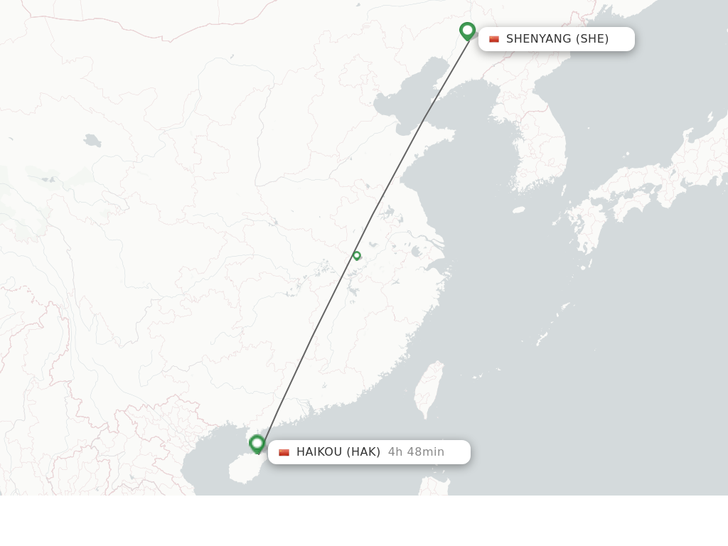 Flights from Shenyang to Haikou route map