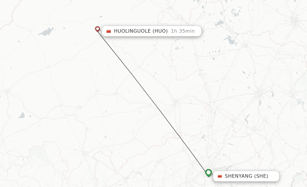 Flights from Shenyang to Huolinguole route map
