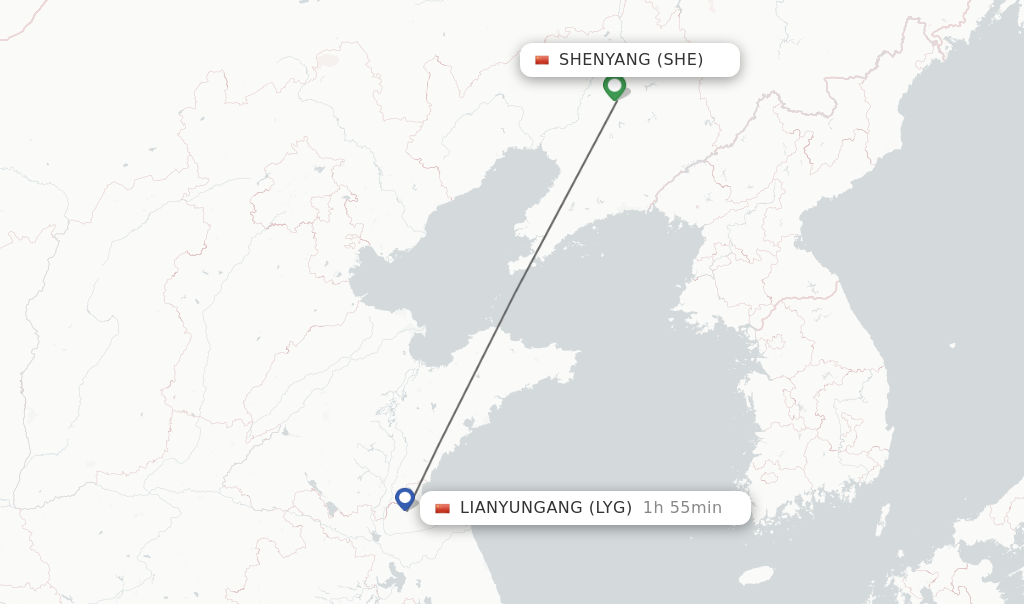 Flights from Shenyang to Lianyungang route map