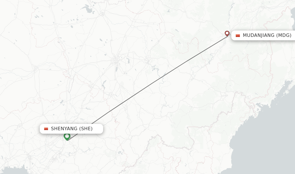 Flights from Shenyang to Mudanjiang route map