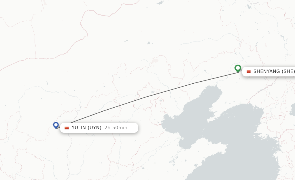 Flights from Shenyang to Yulin route map
