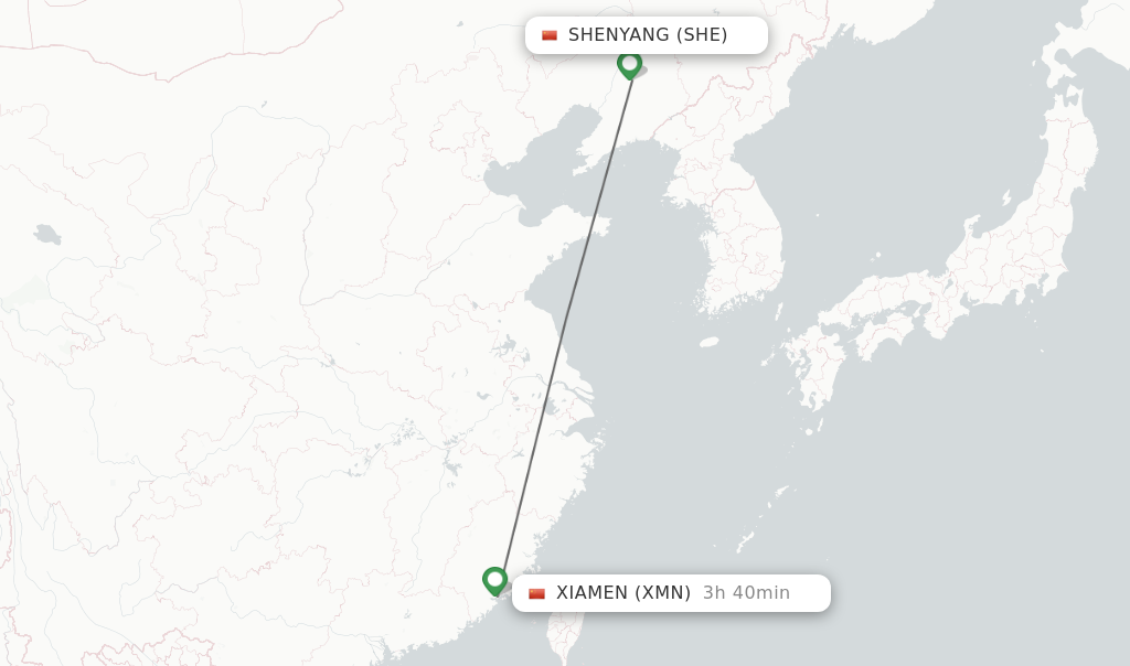 Flights from Shenyang to Xiamen route map