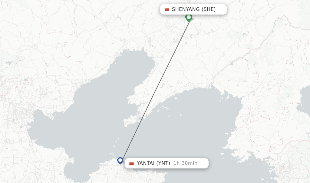 Flights from Shenyang to Yantai route map