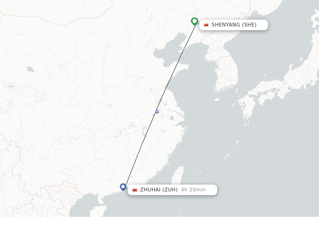 Flights from Shenyang to Zhuhai route map
