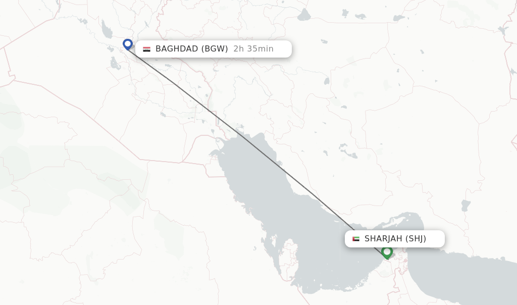 Flights from Sharjah to Baghdad route map