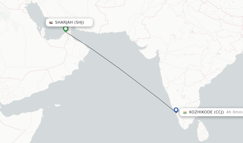 Flights from Sharjah to Kozhikode route map