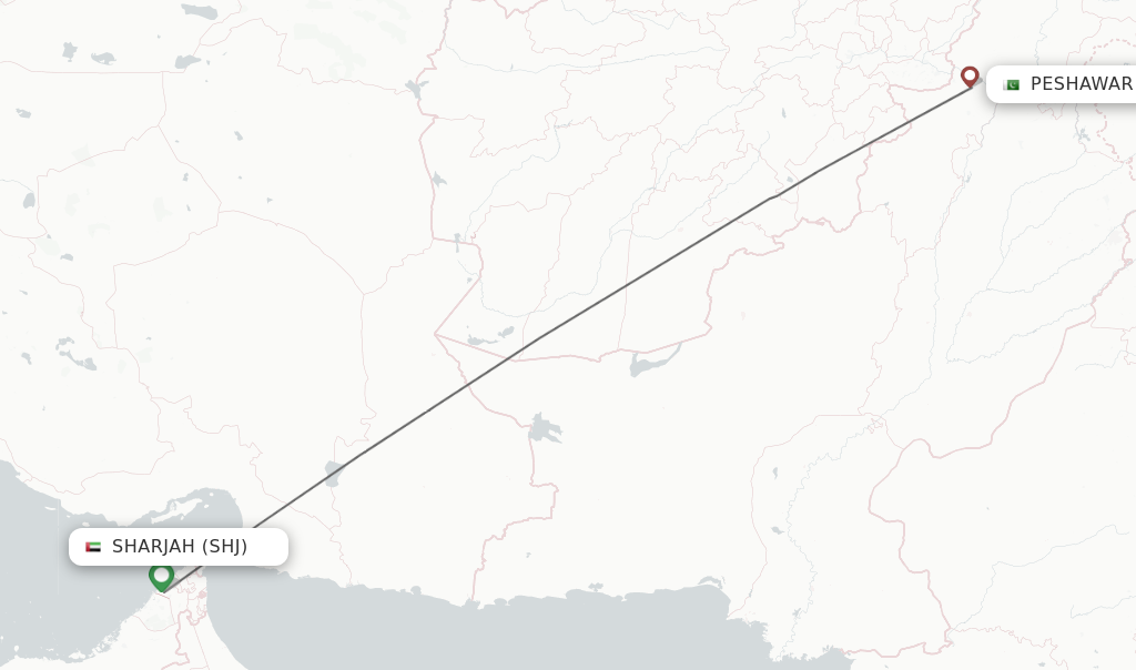 Flights from Sharjah to Peshawar route map