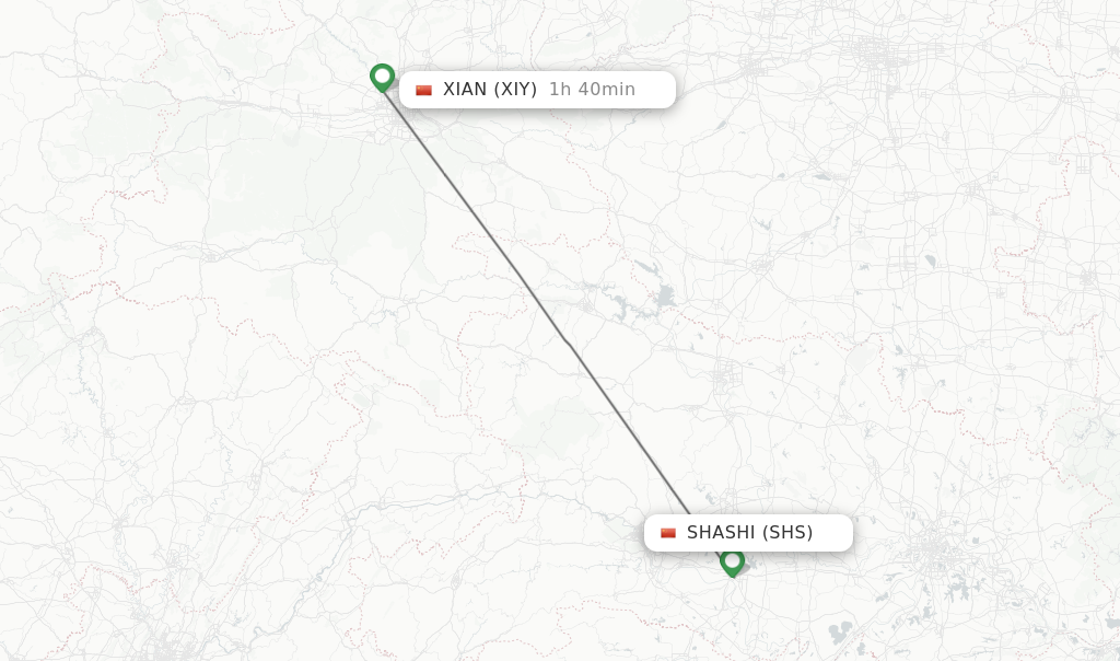 Flights from Shashi to Xian route map